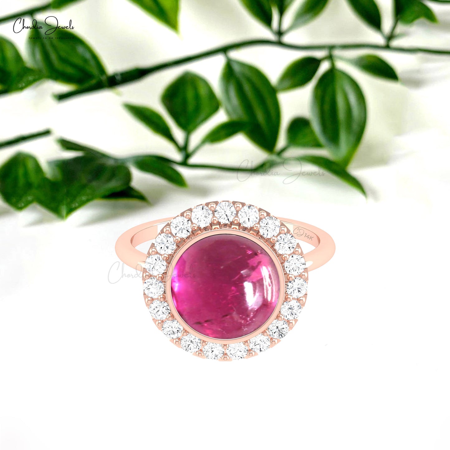 Bezel Set Halo Ring Solid 14k Gold 10mm Pink Tourmaline And Diamond Wedding Ring