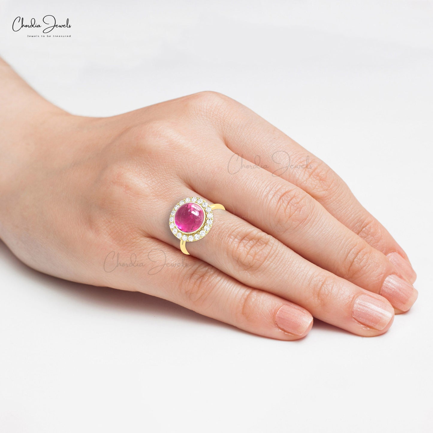 Bezel Set Halo Ring Solid 14k Gold 10mm Pink Tourmaline And Diamond Wedding Ring