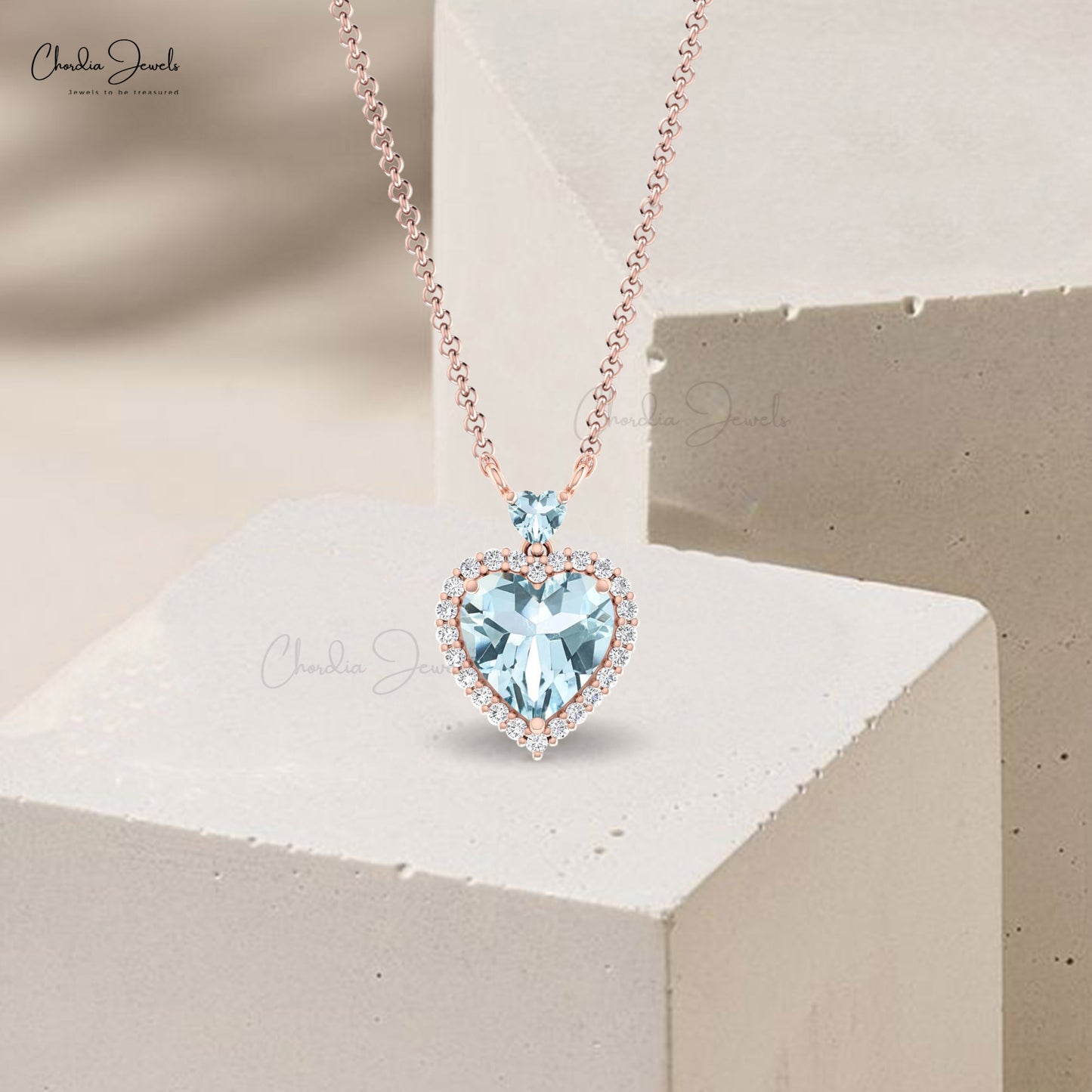 Natural Heart Shape 1.7 CT Aquamarine And Halo Diamond 14k Real Gold Love Necklace For GF