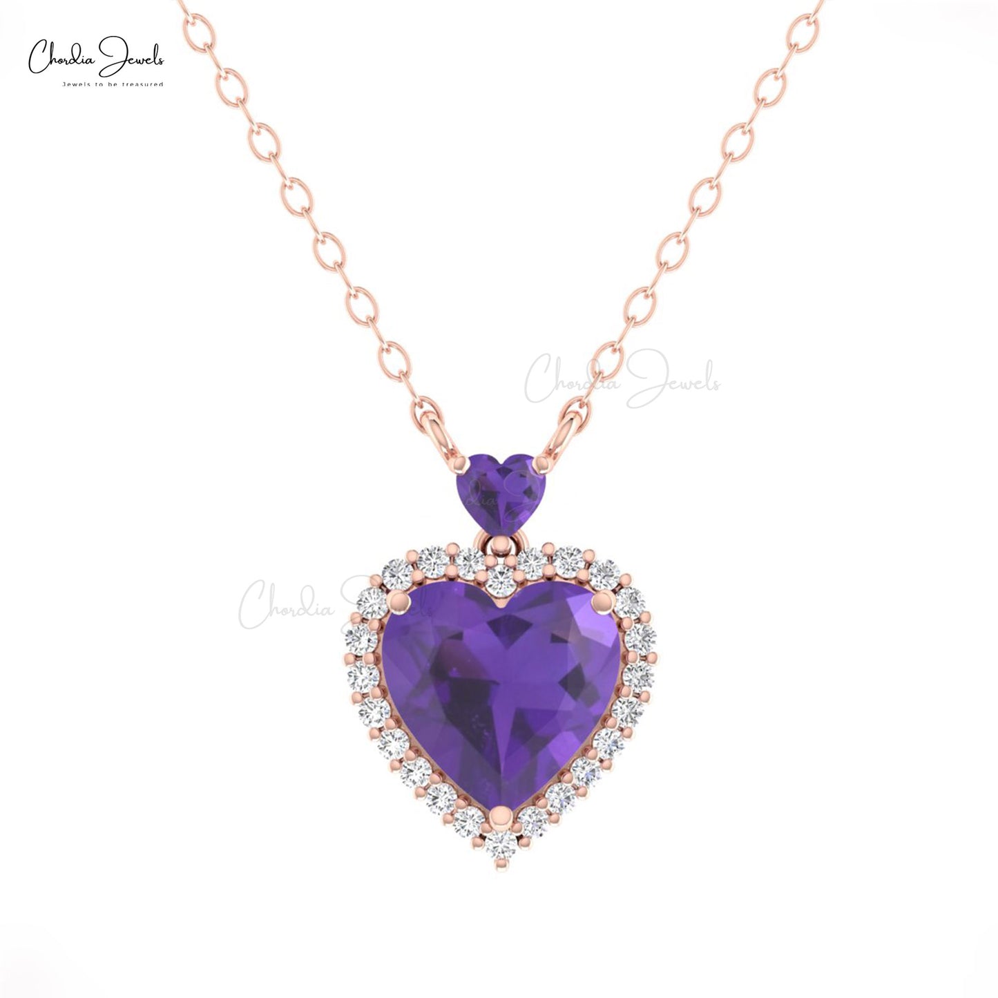 Halo Necklace With 8mm Purple Amethyst And G-H Diamond 14k Solid Gold Heart Necklace For Wife