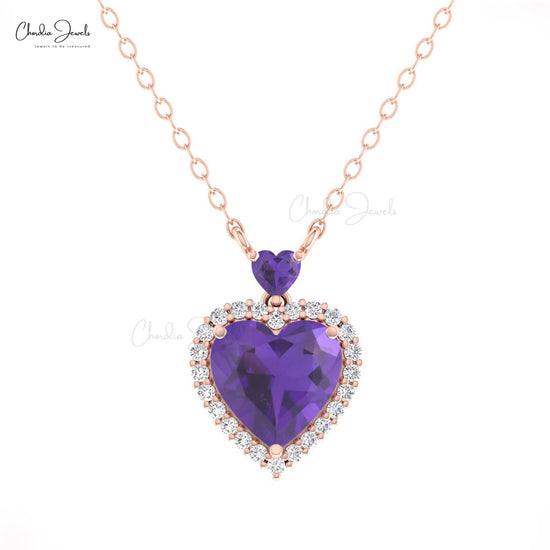 Halo Necklace With 8mm Purple Amethyst And G-H Diamond 14k Solid Gold Heart Necklace For Wife