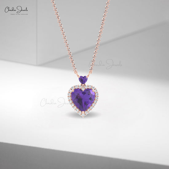 Halo Necklace With 8mm Purple Amethyst And G-H Diamond 14k Solid Gold Heart Necklace For Wife