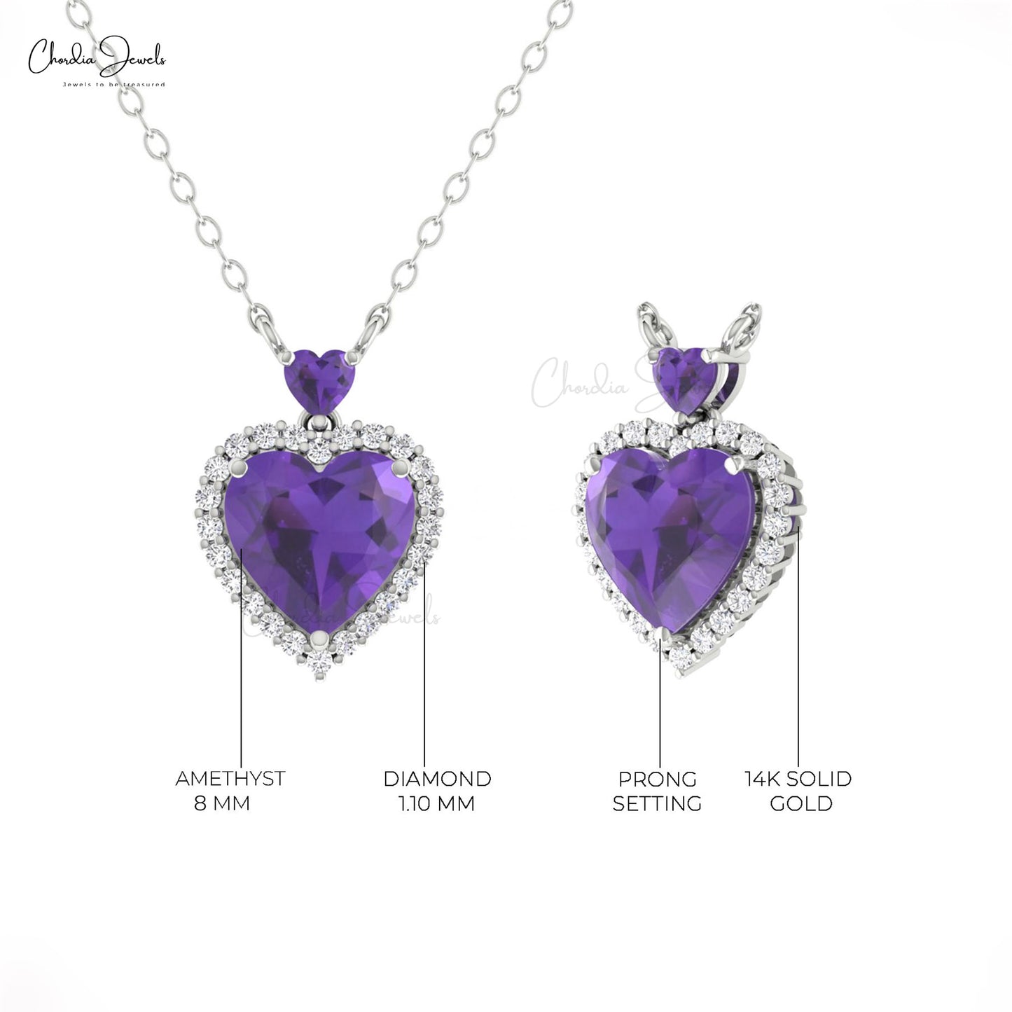 Halo Necklace With 8mm Purple Amethyst And G-H Diamond 14k Solid Gold Heart Necklace For Wife