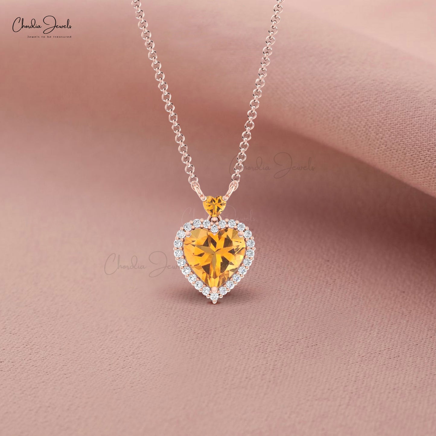 Solid 14k Gold Halo Necklace With 1.7 CT Citrine And Diamond Minimalist Necklace For Her