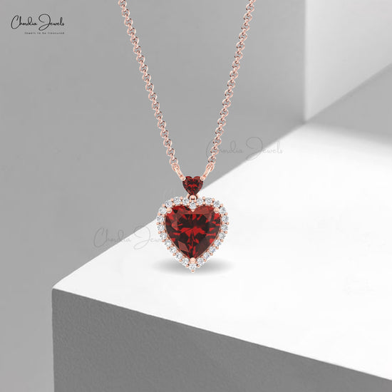 Halo Heart 14k Gold Necklace with Prong Set 8mm Garnet And Diamond Women Necklace