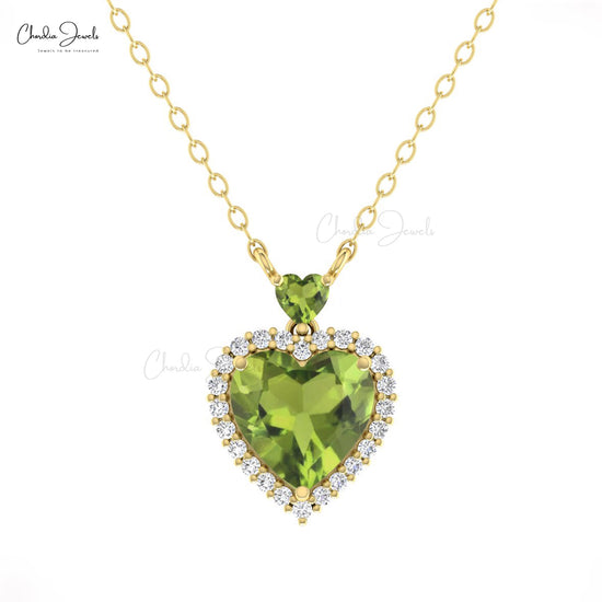 Two Heart 14k Solid Gold Necklace With 1.7 CT Peridot And Halo Diamond Love Necklace