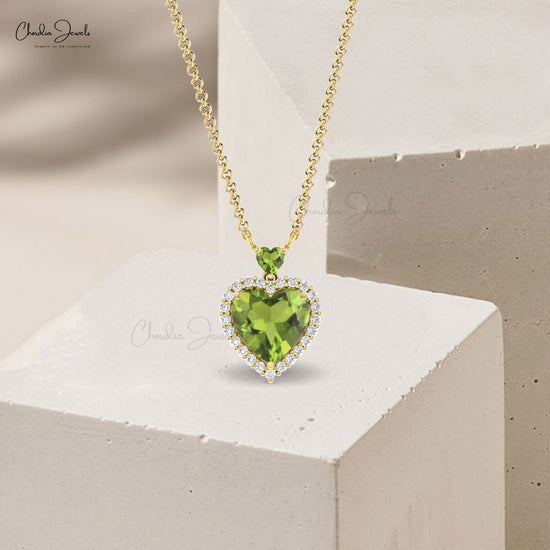 Two Heart 14k Solid Gold Necklace With 1.7 CT Peridot And Halo Diamond Love Necklace