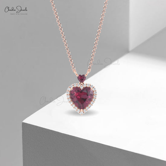 Dual Heart Necklace With 1.7 CT Rhodolite And Halo Diamond Bridal Necklace In 14k Real Gold