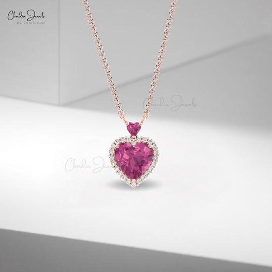 Pave Set Diamond With 1.7 CT Dual Heart Pink Tourmaline 14k Solid Gold Halo Chain Necklace