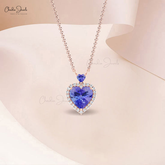 Love Necklace With 8mm Tanzanite And Diamond 14k Real Gold Halo Heart Necklace For Wife