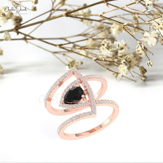 Delicate 0.6 CT Teardrop Black Diamond Ring 14k Solid Gold White Diamond Cocktail Ring