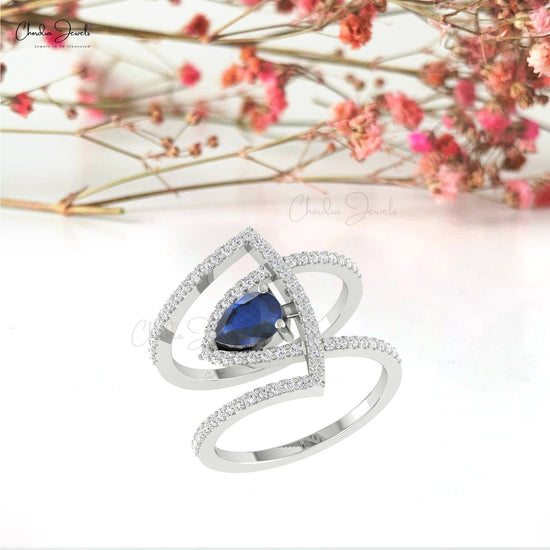 Overlapping Cocktail Ring With 7x5mm Teardrop Blue Sapphire And Diamond 14k Solid Gold Ring