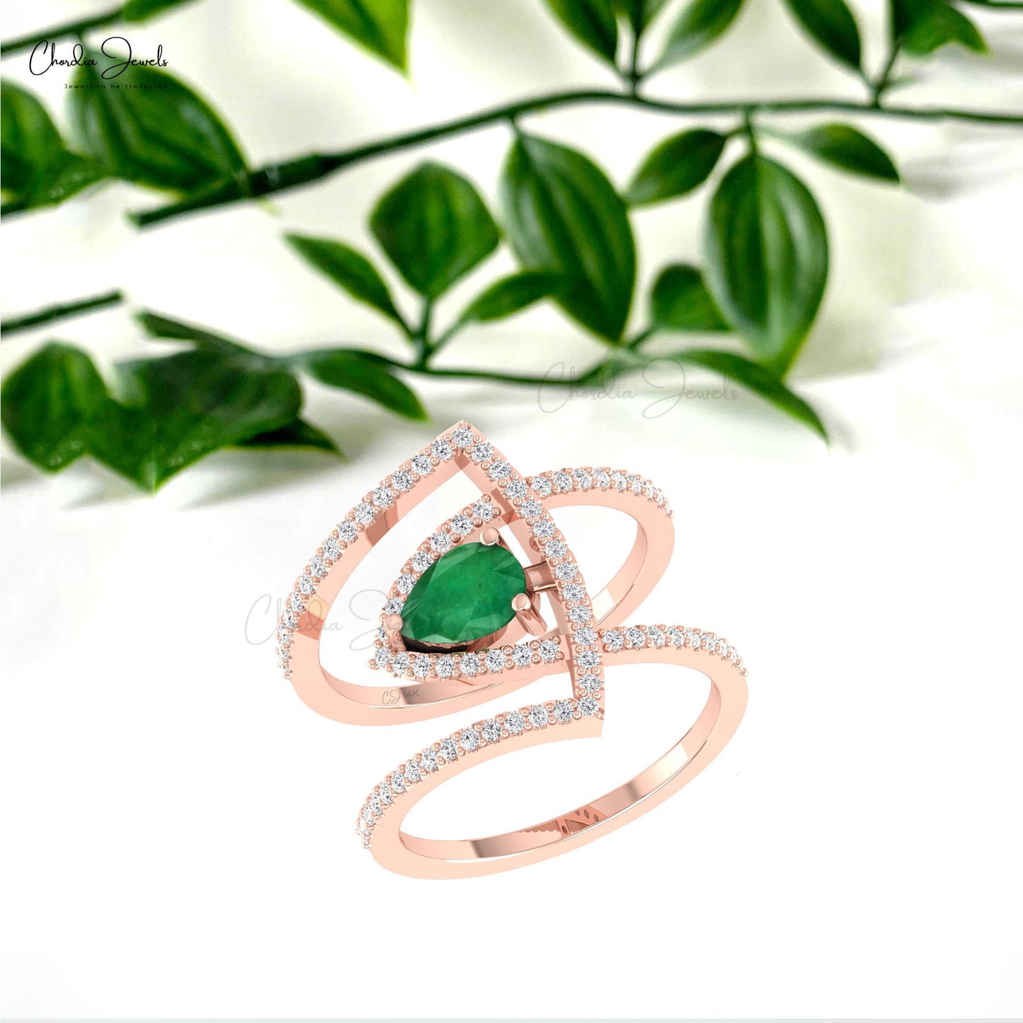 Teardrop Natural 0.6 CT Zambian Emerald With Diamond Accents In 14k Real Gold Statement Ring