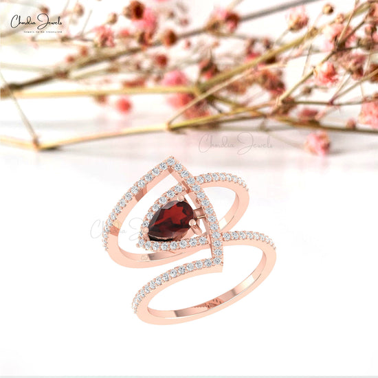 Double Shank Curved Ring With 0.6 CT Pear Cut Garnet And Diamond Ring In 14k Solid Gold