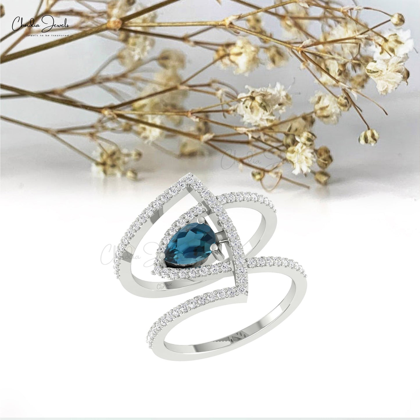 Cocktail Style 14k Real Gold Ring With 0.63 Ct London Blue Topaz Diamond Engagement Ring