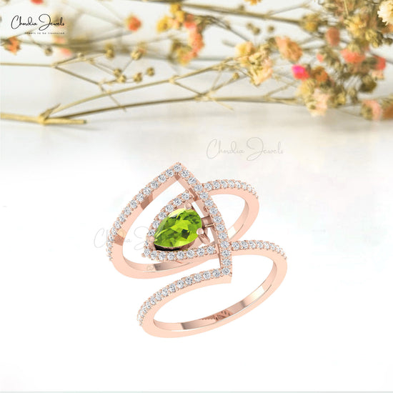 Teardrop Engagement Ring in 14k Solid Gold Peridot With Pave Diamond Cocktail Ring