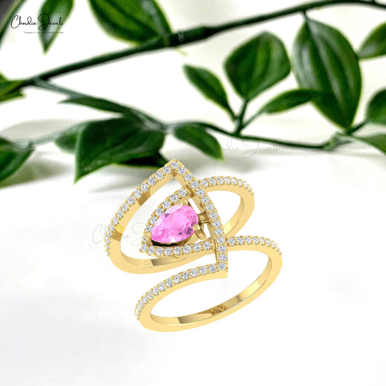 Real 14k Gold Teardrop Ring With 0.63 Ct Pink Sapphire And Diamond Cocktail Ring