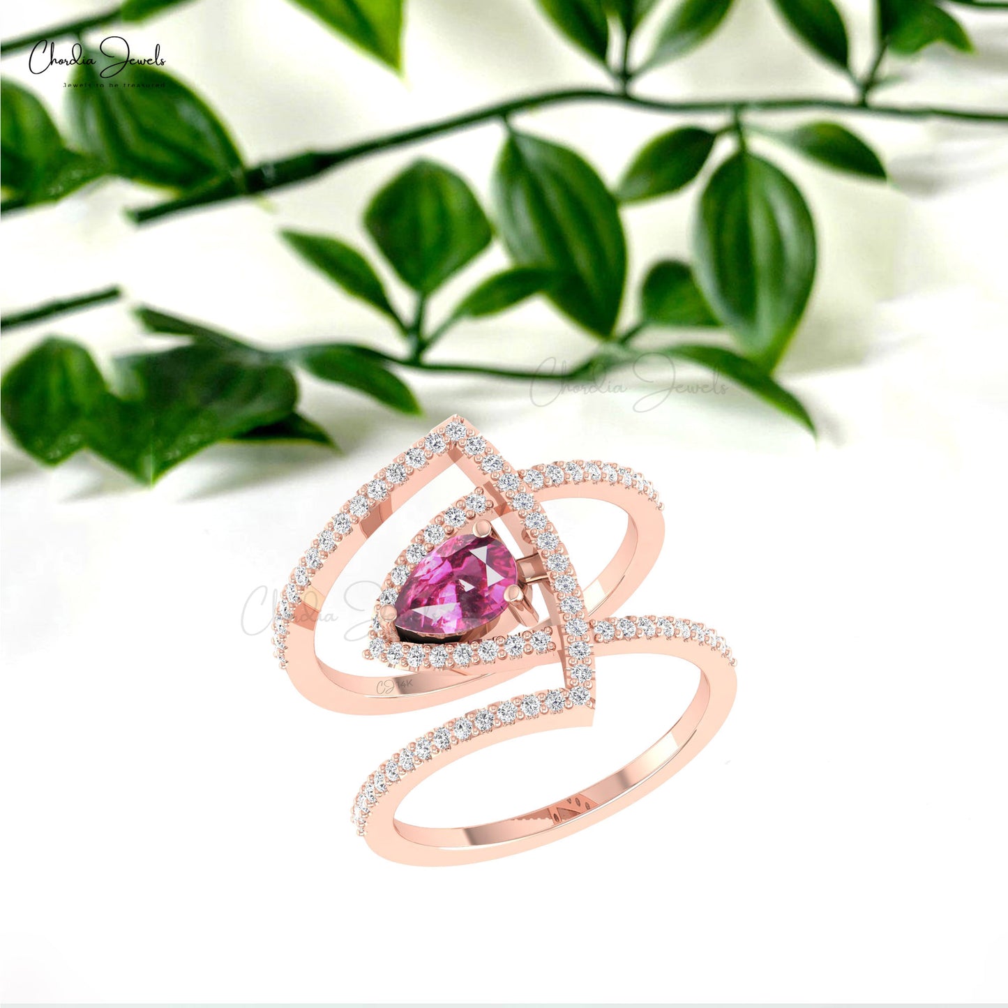 Elegant Crossover Ring With 0.6 CT Rhodolite Gemstone Double Shank Diamond Ring In 14k Gold