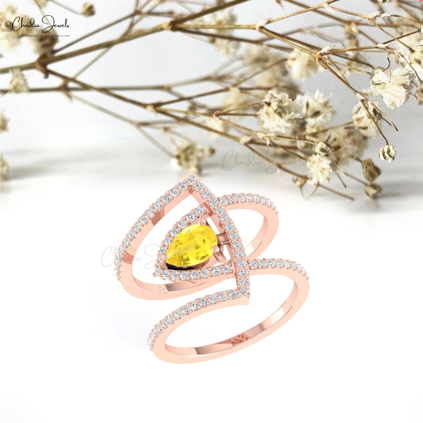 Cocktail Style Wedding Ring In Real 14k Gold Yellow Sapphire Gemstone Diamond Ring