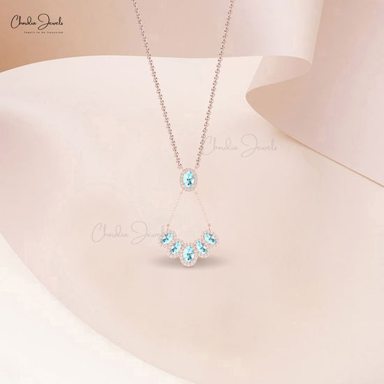 Solid 14k Gold Multi Halo Necklace With 1.76 Ct Aquamarine And Diamond Y Shape Necklace