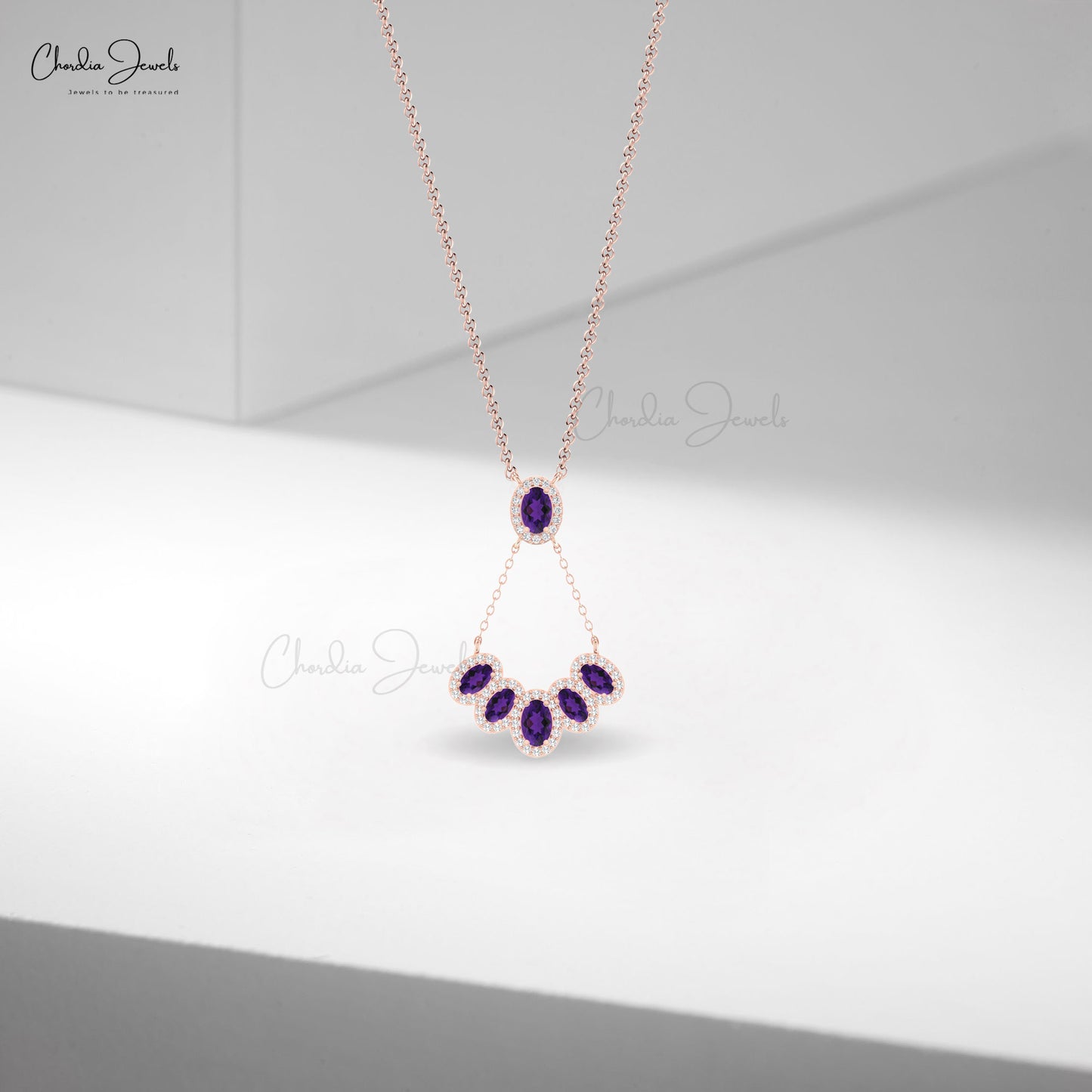 Cluster Y Shape Necklace With 1.76 Ct Amethyst And Diamond Halo Necklace in 14k Real Gold