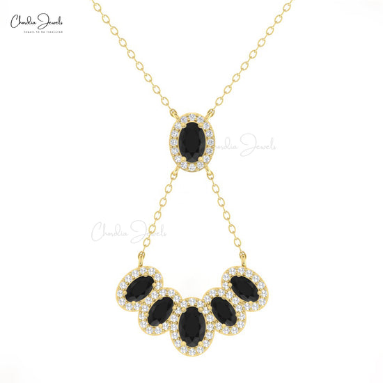 Multi Halo Oval Black Diamond 14k Solid Gold With G-H Diamond Y Shape Cluster Necklace