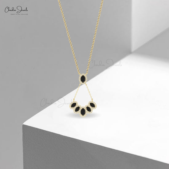 Multi Halo Oval Black Diamond 14k Solid Gold With G-H Diamond Y Shape Cluster Necklace