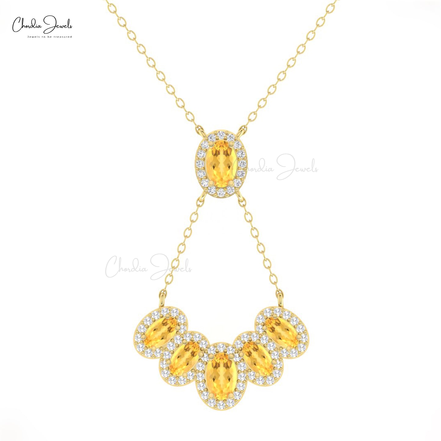 Multi Halo Y Shape Necklace in 14k Solid Gold With 1.76 Ct Oval Citrine And Diamond Necklace