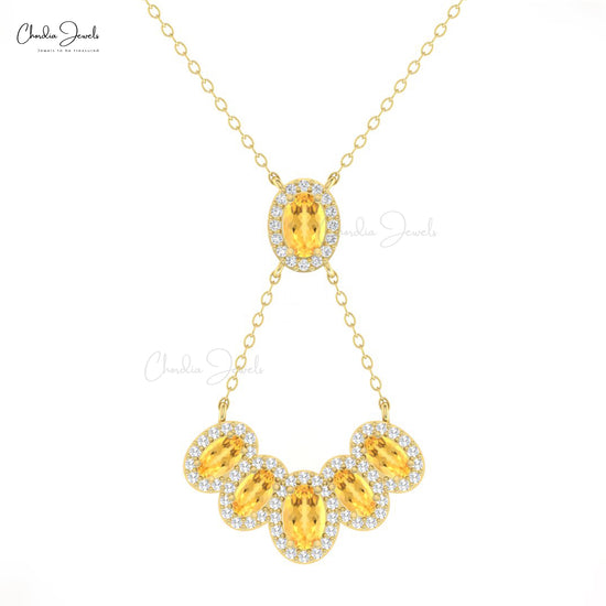 Multi Halo Y Shape Necklace in 14k Solid Gold With 1.76 Ct Oval Citrine And Diamond Necklace