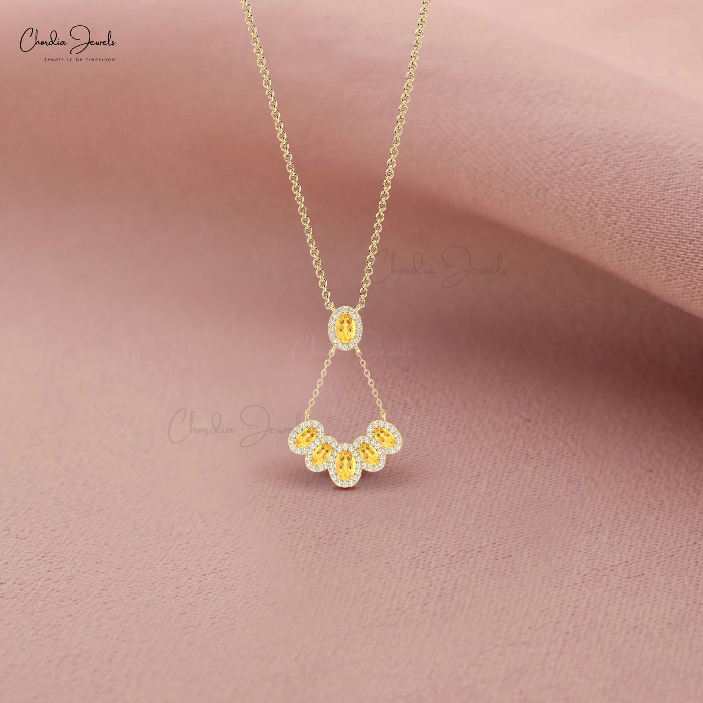 Multi Halo Y Shape Necklace in 14k Solid Gold With 1.76 Ct Oval Citrine And Diamond Necklace