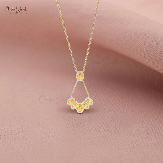 Multi Halo Y Shape Necklace in 14k Solid Gold With 1.76 Ct Oval Citrine And Diamond Necklace