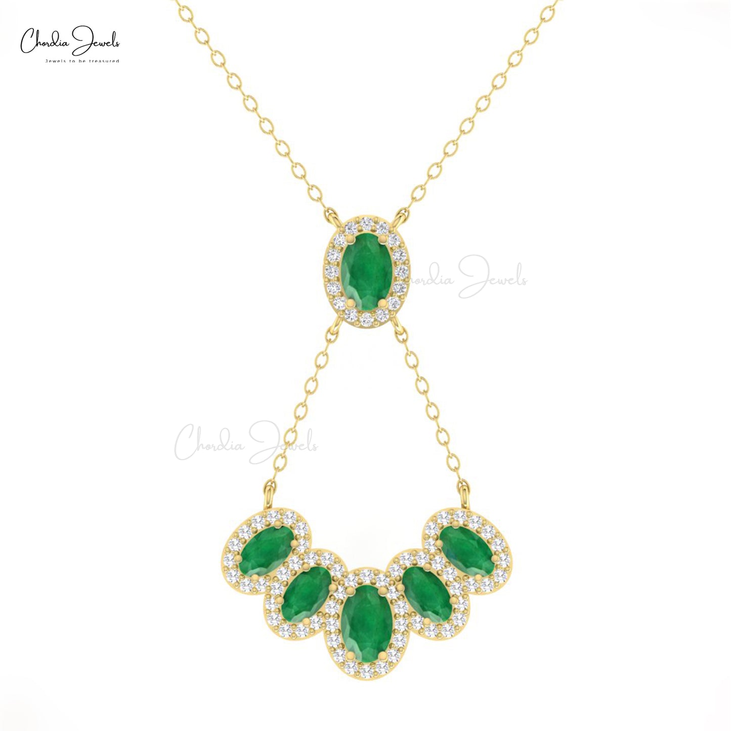 Multiple Halo Y Shape 1.76 Ct Emerald Necklace In 14k Solid Gold With Pave Diamond Jewelry