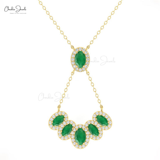 Multiple Halo Y Shape 1.76 Ct Emerald Necklace In 14k Solid Gold With Pave Diamond Jewelry