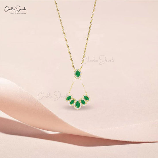 Multiple Halo Y Shape 1.76 Ct Emerald Necklace In 14k Solid Gold With Pave Diamond Jewelry