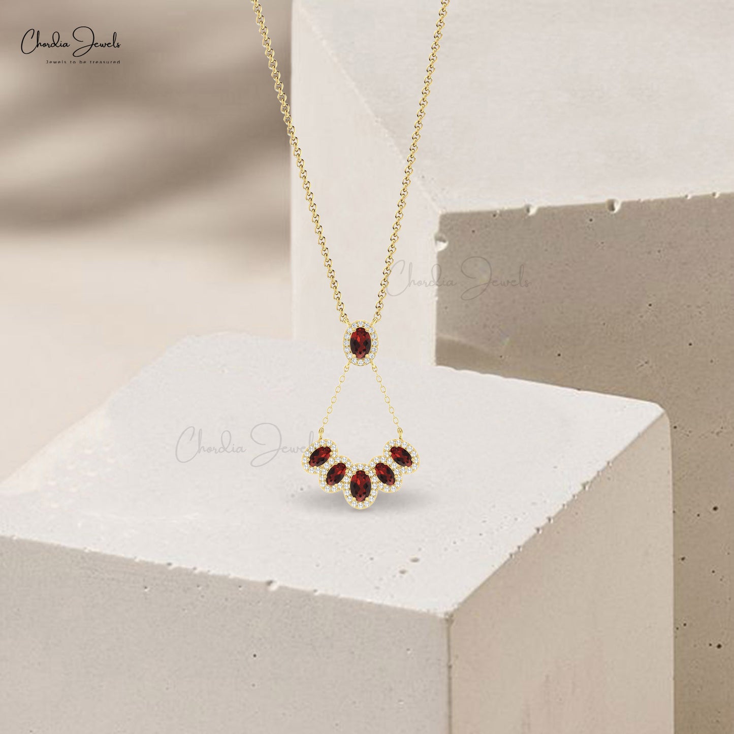 Halo Y Shape 1.76 Ct Red Garnet Necklace With Pave Diamond 14k Real Gold Minimal Jewelry