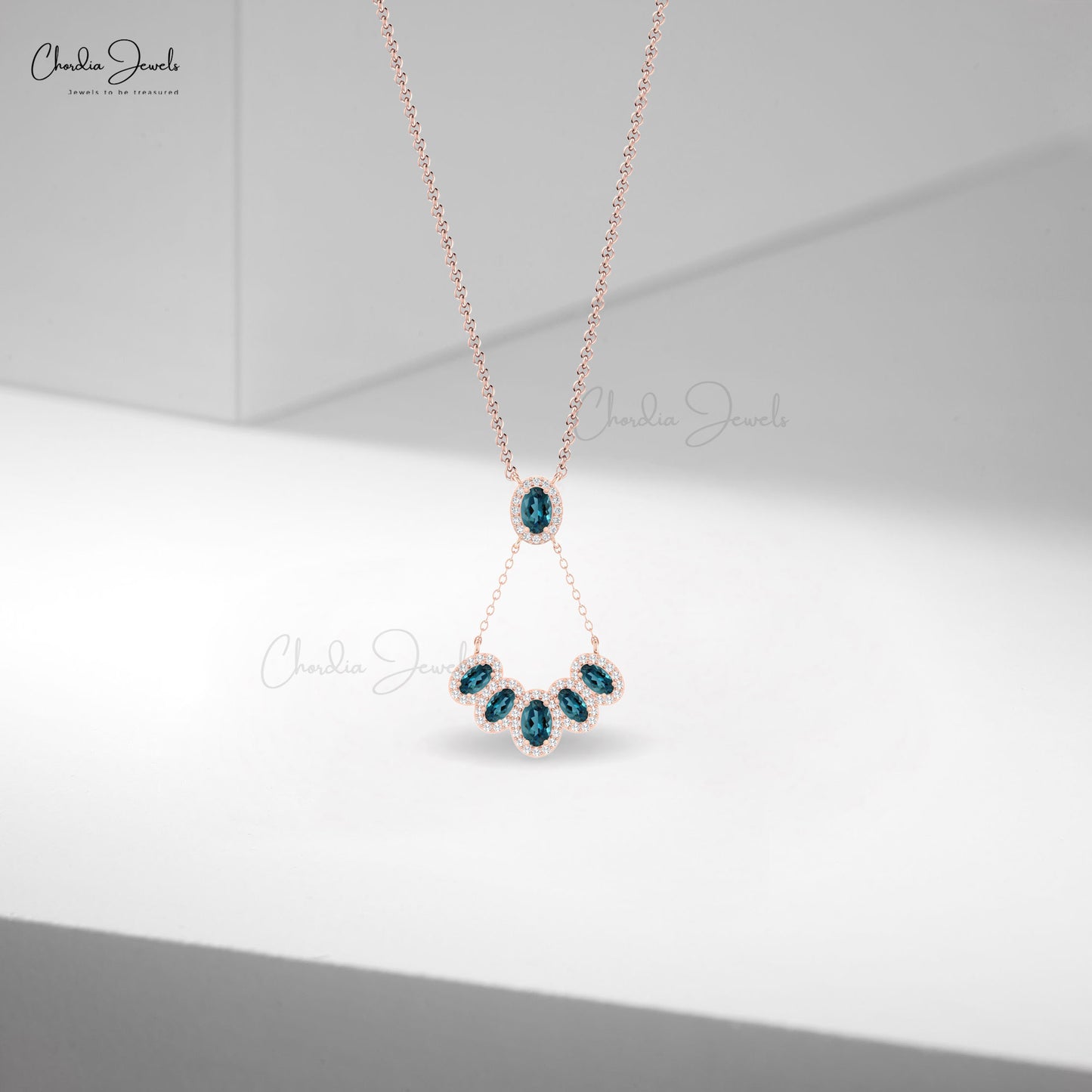 Multi Halo Diamond Heart Necklace With 2 CTW London Blue Topaz 14k Solid Gold Necklace For Wife