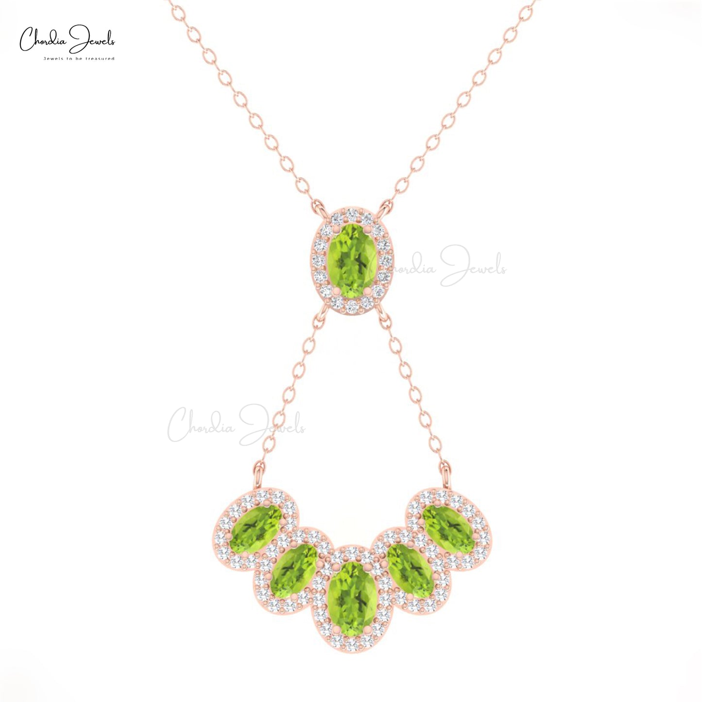 Solid 14k Gold Multi Halo Necklace with 1.76 Ct Peridot Gemstone And Diamond Bridal Necklace