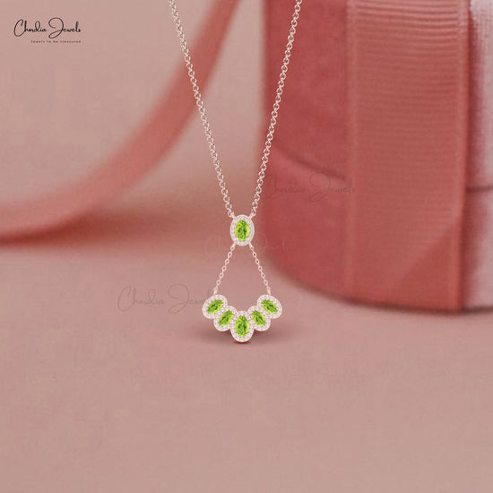 Solid 14k Gold Multi Halo Necklace with 1.76 Ct Peridot Gemstone And Diamond Bridal Necklace