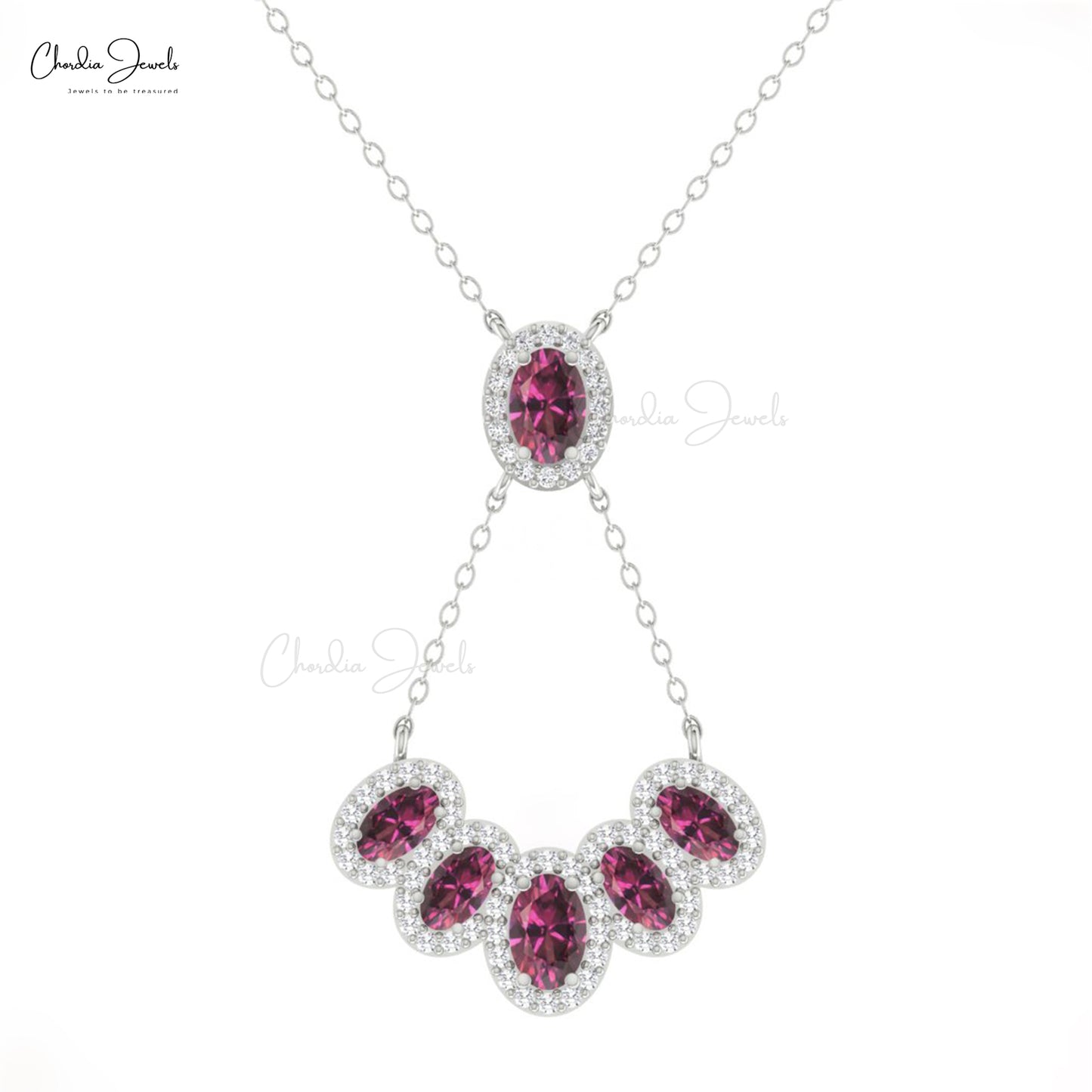 Genuine Rhodolite Garnet 1.76 Ct Oval Gemstone And Diamond Multi Halo Necklace In 14k Gold