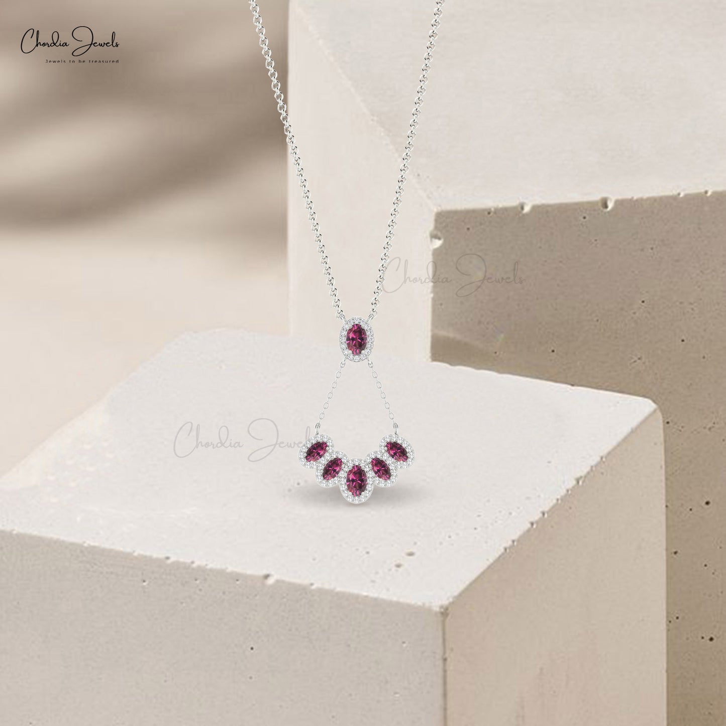 Genuine Rhodolite Garnet 1.76 Ct Oval Gemstone And Diamond Multi Halo Necklace In 14k Gold