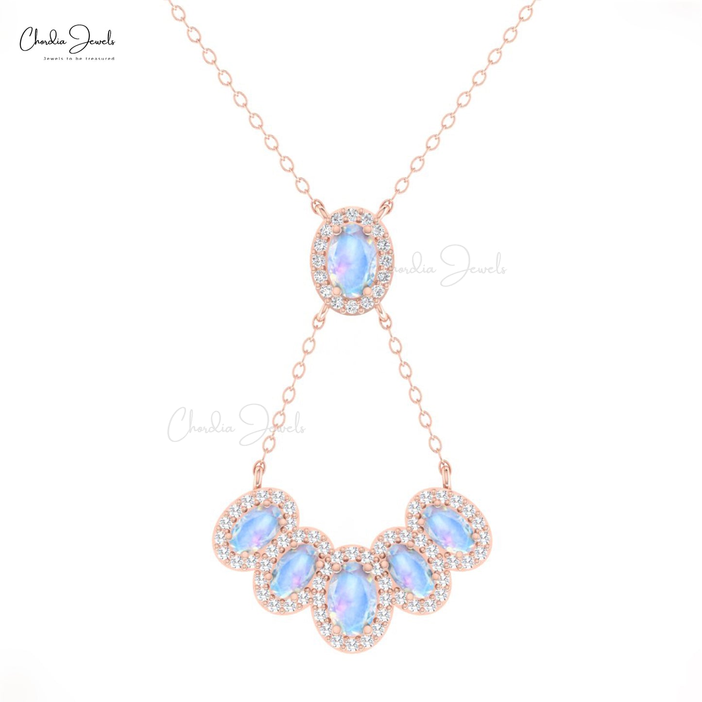 Multi Halo Moonstone Necklace With Brilliant Cut Diamond 14k Real Gold Cluster Necklace