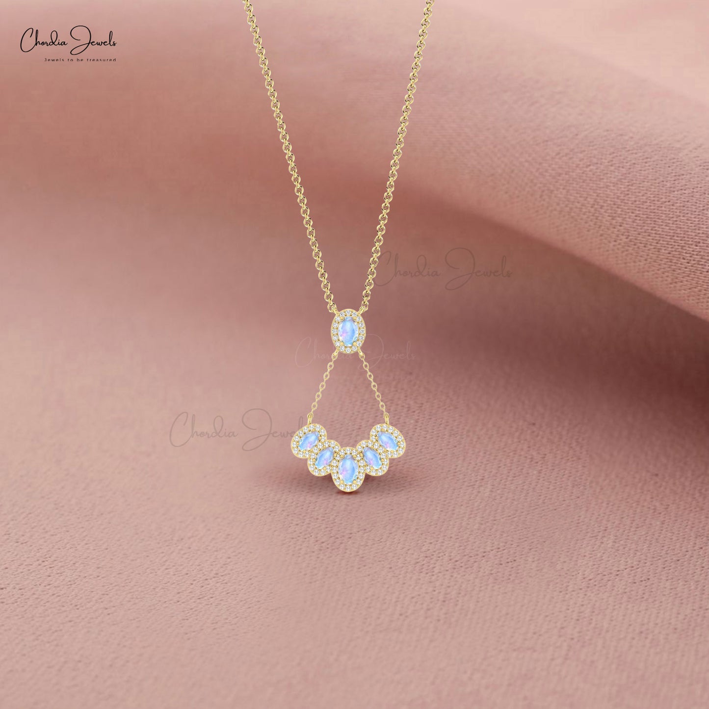 Multi Halo Moonstone Necklace With Brilliant Cut Diamond 14k Real Gold Cluster Necklace