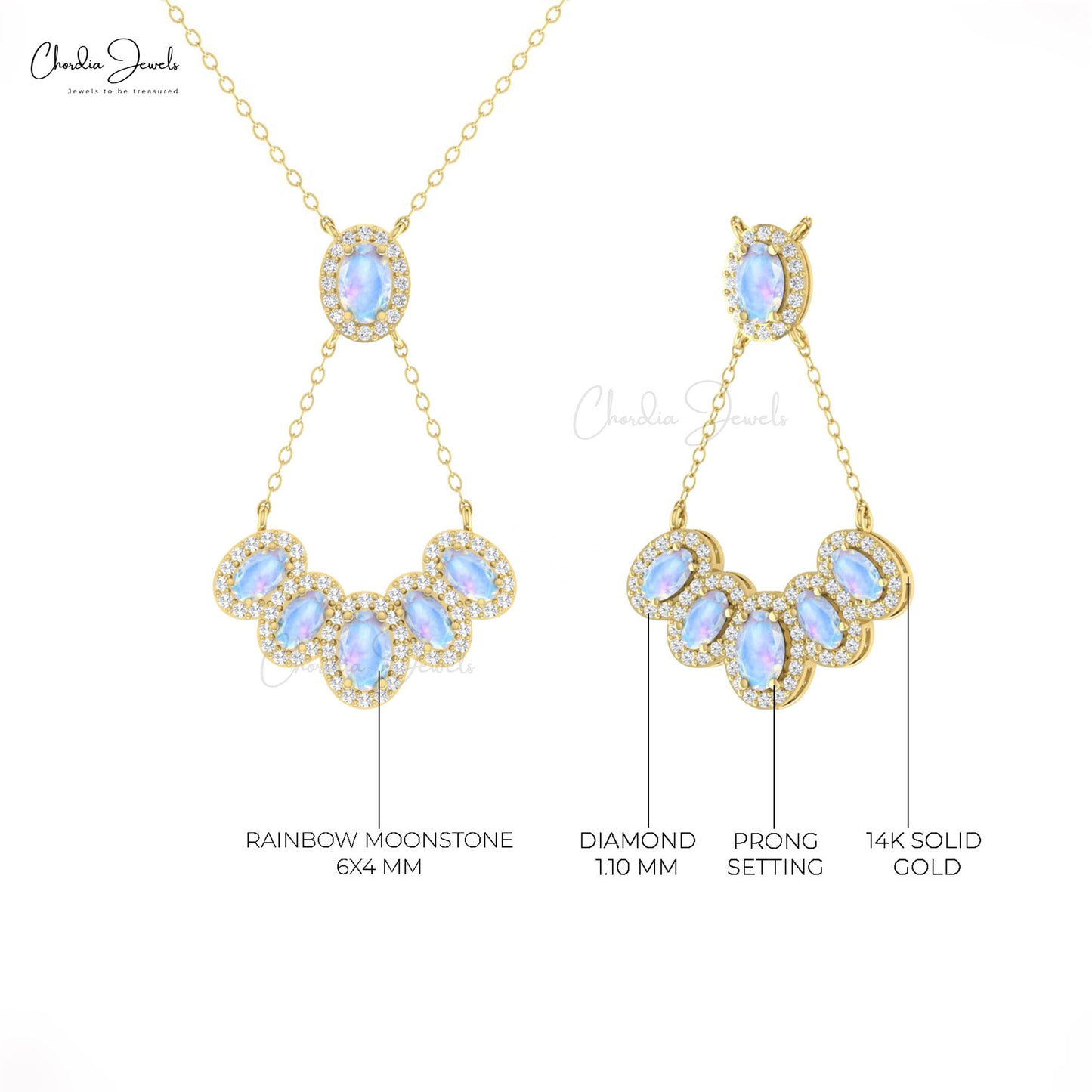 Multi Halo Moonstone Necklace With Brilliant Cut Diamond 14k Real Gold Cluster Necklace