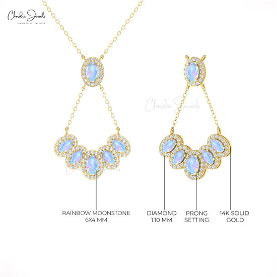 Multi Halo Moonstone Necklace With Brilliant Cut Diamond 14k Real Gold Cluster Necklace