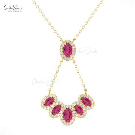 V Shape 14k Solid Gold Necklace With 1.76 CTW Pink Tourmaline And Halo Diamond Necklace For Wife