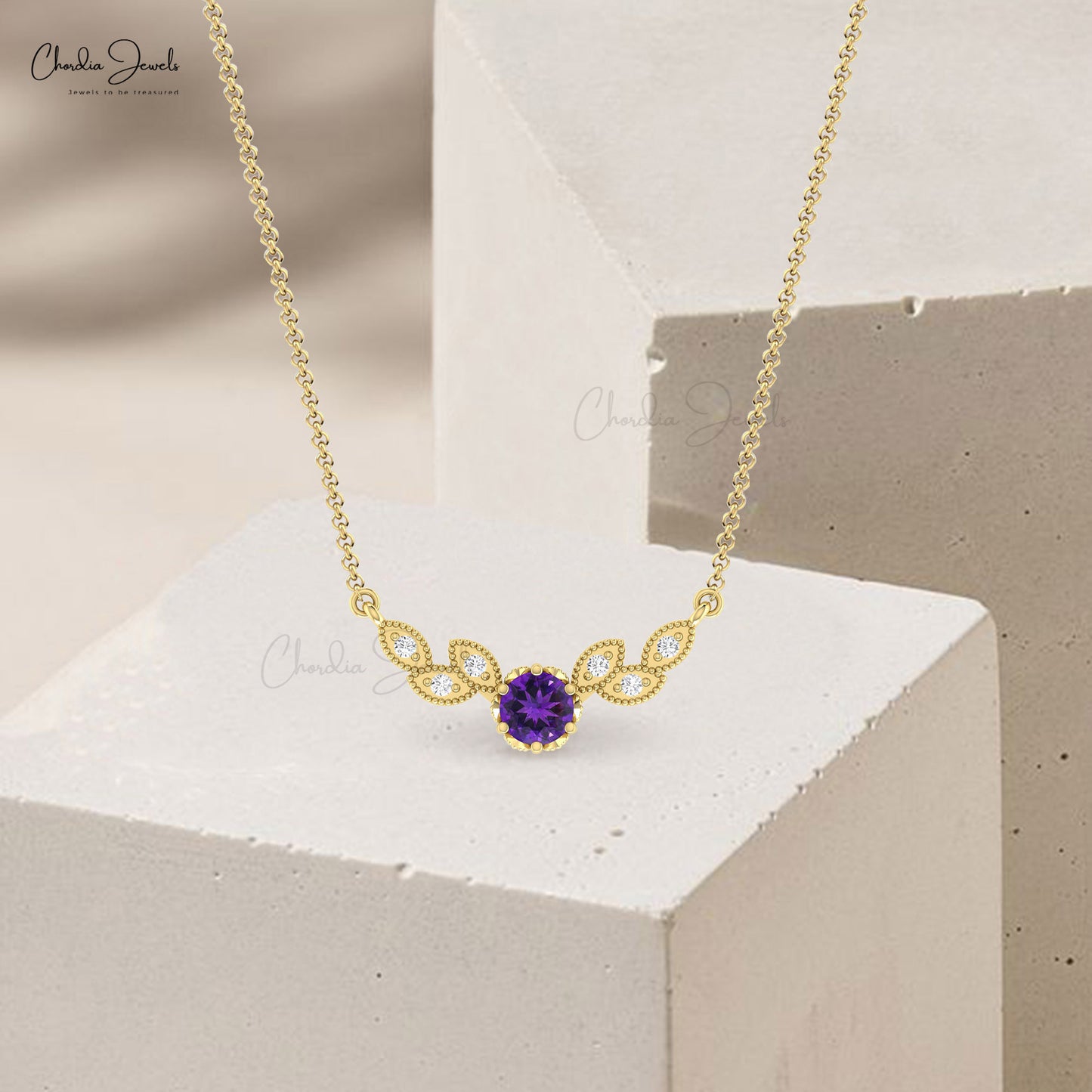 Real 14k Gold Gemstone Charm With 5mm Round Amethyst And Diamond Wings Necklace