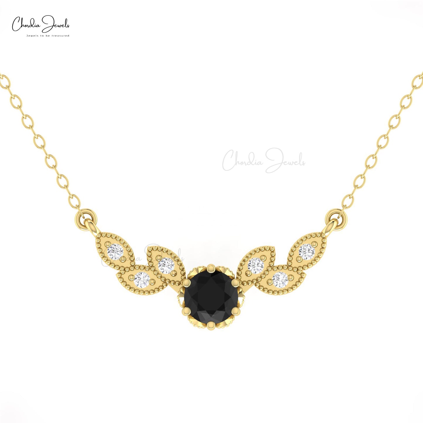 Real 14k Gold Floral Necklace With 5mm Round Black Diamond & G-H Diamond Wings Necklace