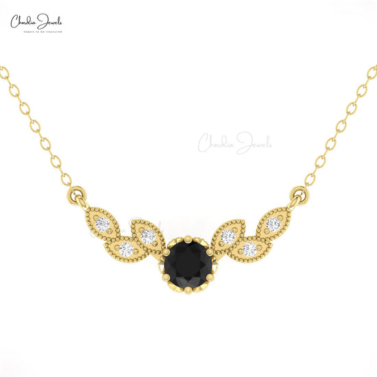 Real 14k Gold Floral Necklace With 5mm Round Black Diamond & G-H Diamond Wings Necklace