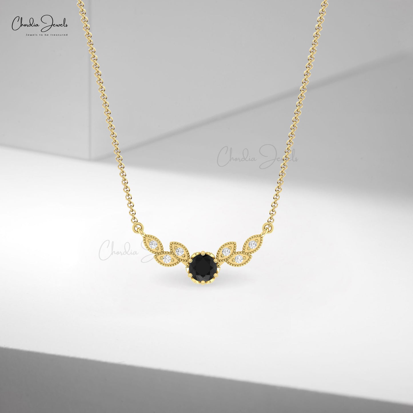 Real 14k Gold Floral Necklace With 5mm Round Black Diamond & G-H Diamond Wings Necklace