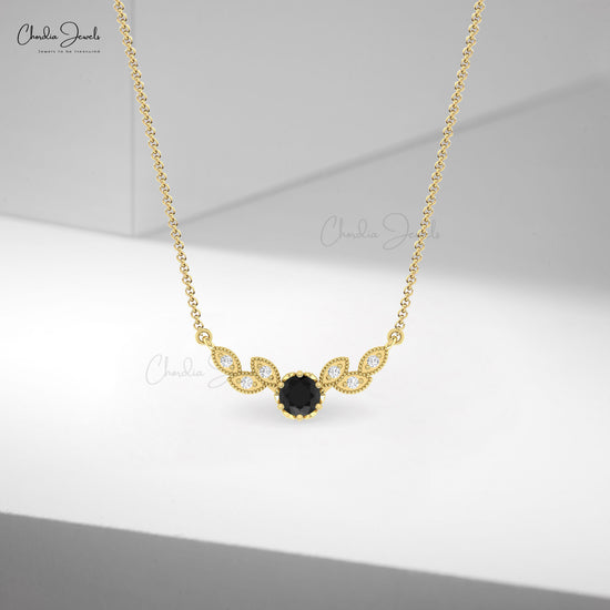 Real 14k Gold Floral Necklace With 5mm Round Black Diamond & G-H Diamond Wings Necklace